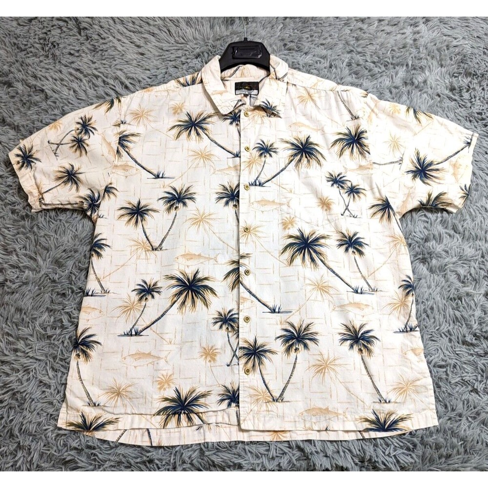 FINS Hawaiian Shirt Adult Size XL XLarge Cotton Palms Fish‎ Floral Camp Mens
